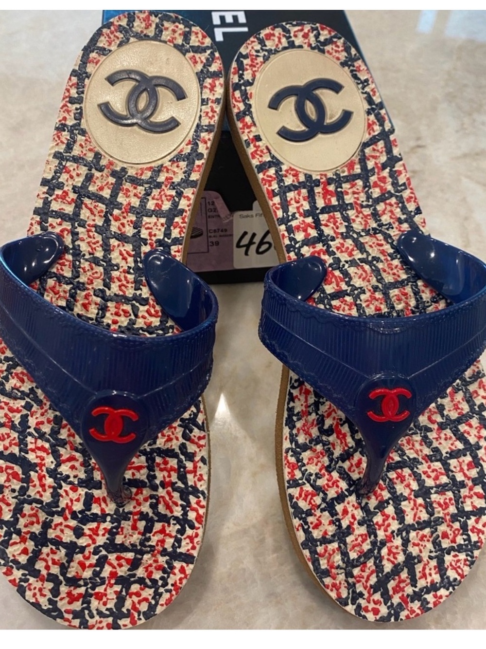 CHANEL Navy and Red Logo Thong Sandals - Picture 2 of 6